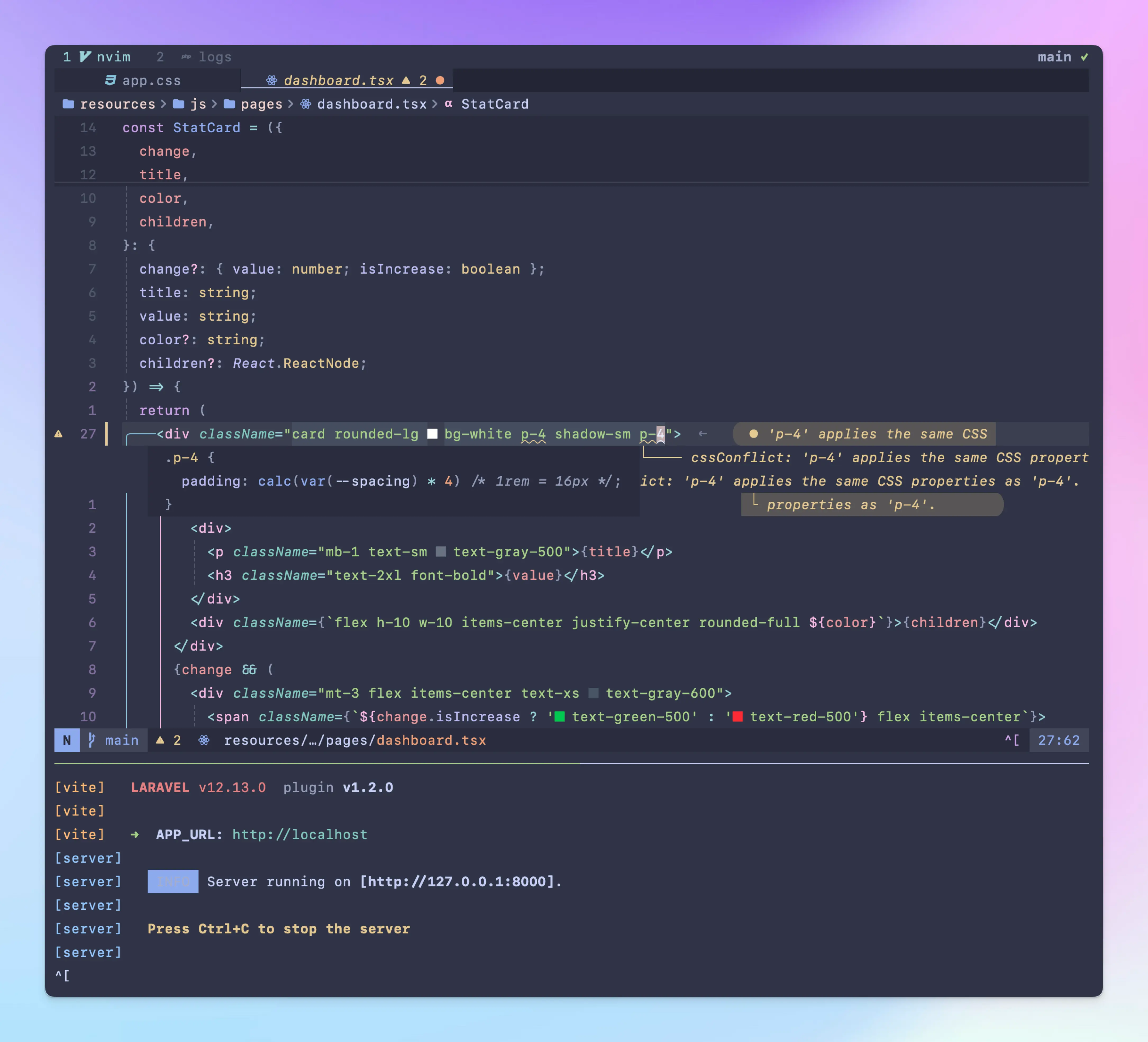 Screenshot of Ghostty terminal running tmux and nvim